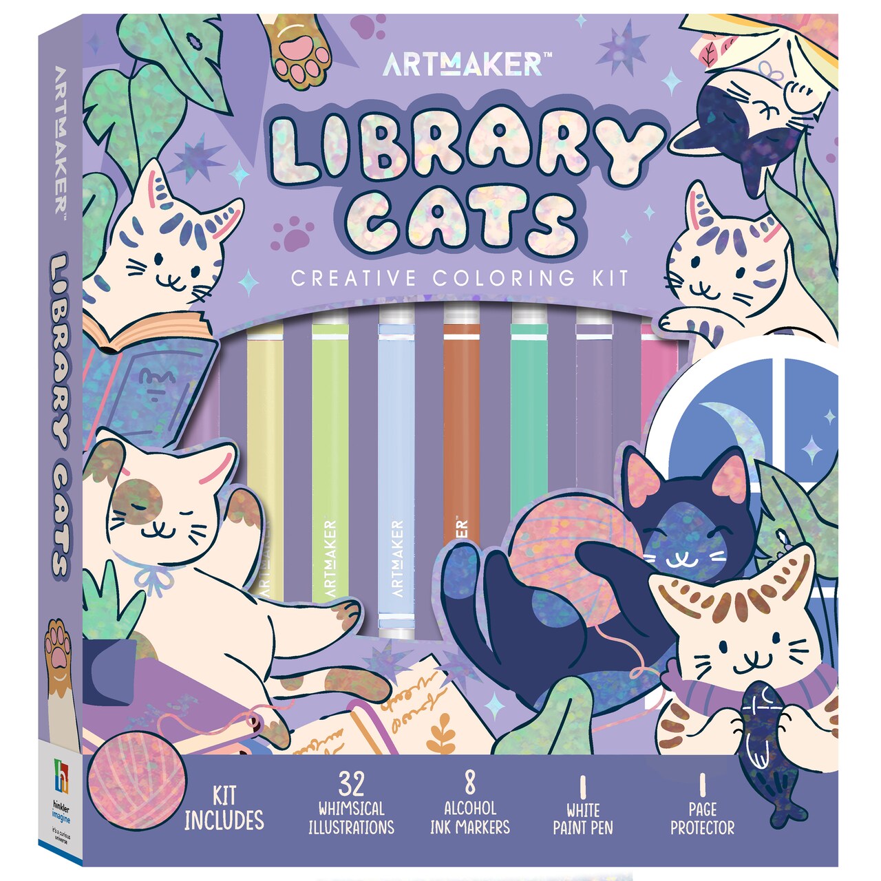 Art Maker: Library Cats - Creative Coloring Kit, Adult Activity Set, 32 Whimsical Animal Designs, Alcohol Ink Markers, White Paint Pen, Page Protector